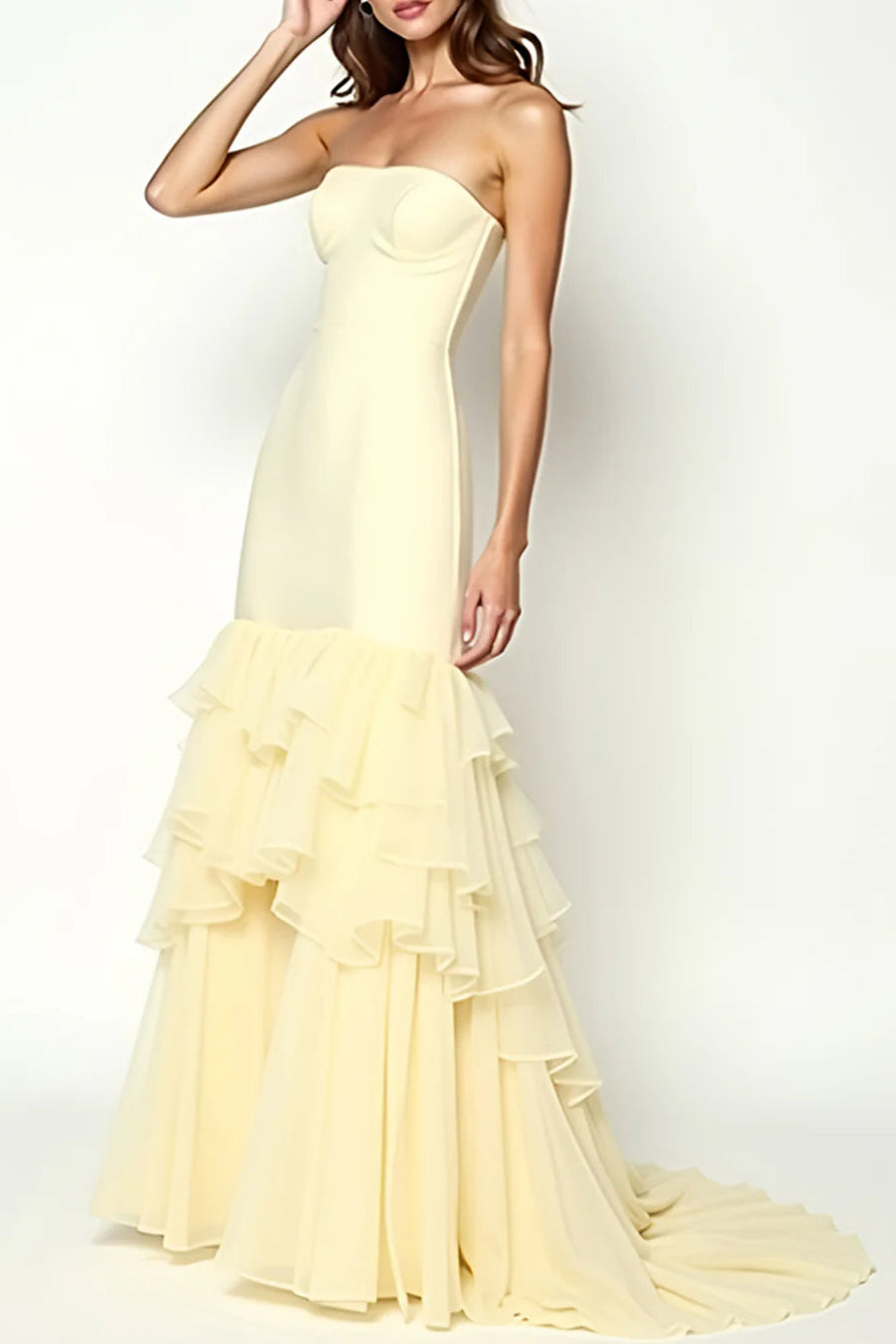 Yellow Square Neck Sheath Long Off Shoulder Prom Dress With Ruffles