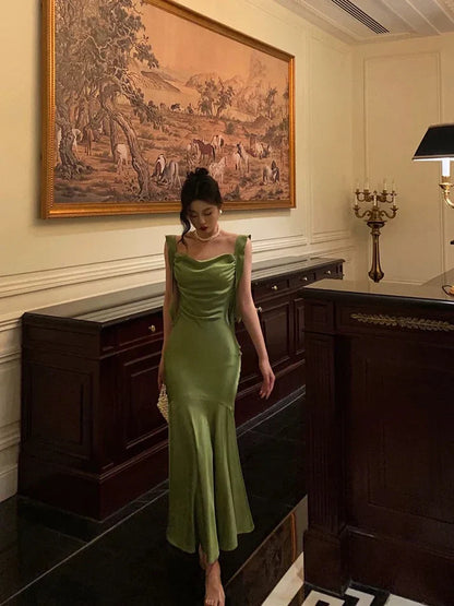 Classy Mermaid Straps Green Satin Long Evening Dresses Birthday Outfits