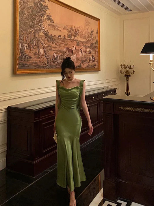Classy Mermaid Straps Green Satin Long Evening Dresses Birthday Outfits