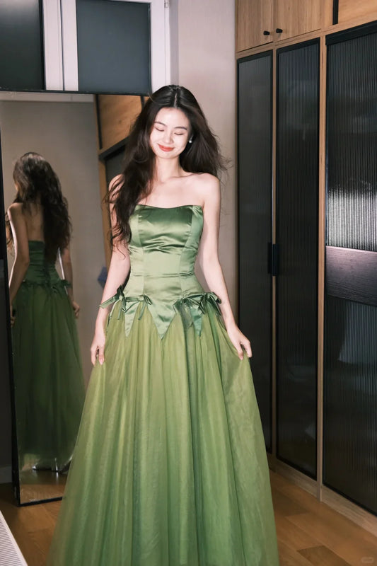 Cute A Line Green Tulle Satin Party Dress Sweetheart Neck Birthday Dress with Bow