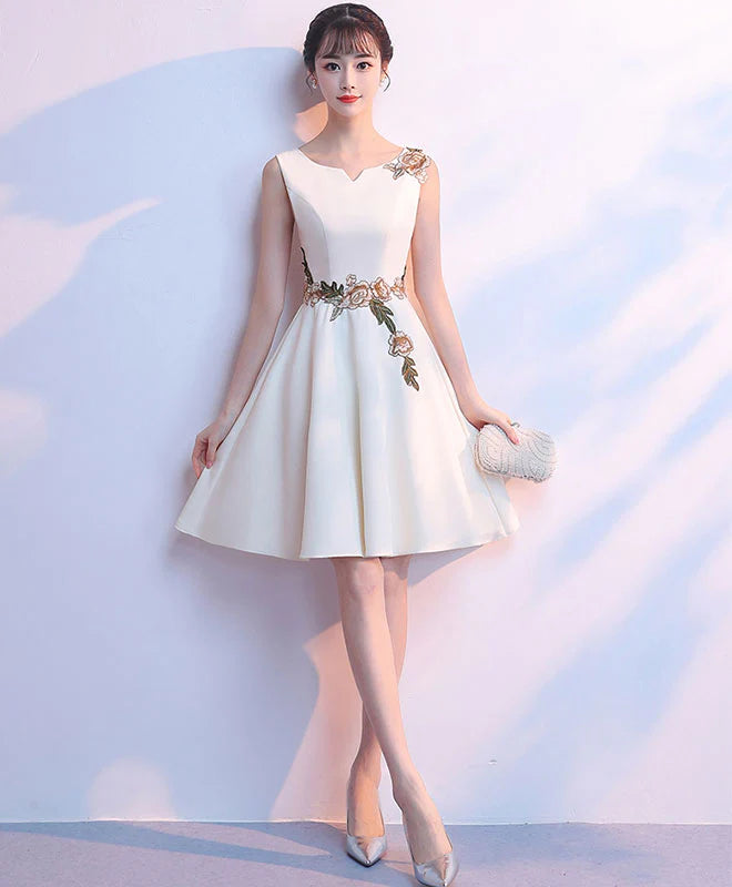 Light Champagne Satin Applique Short Prom Dress, Cute Simple Homecoming Dress