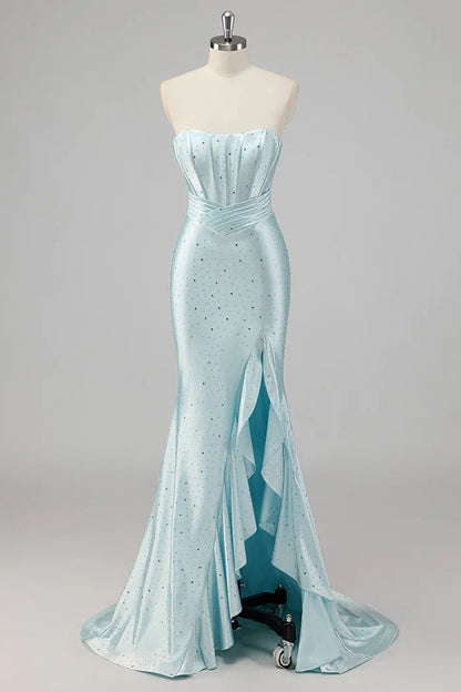 Off Shoulder Strapless Mermaid Beaded Blue Prom Dress with Slit