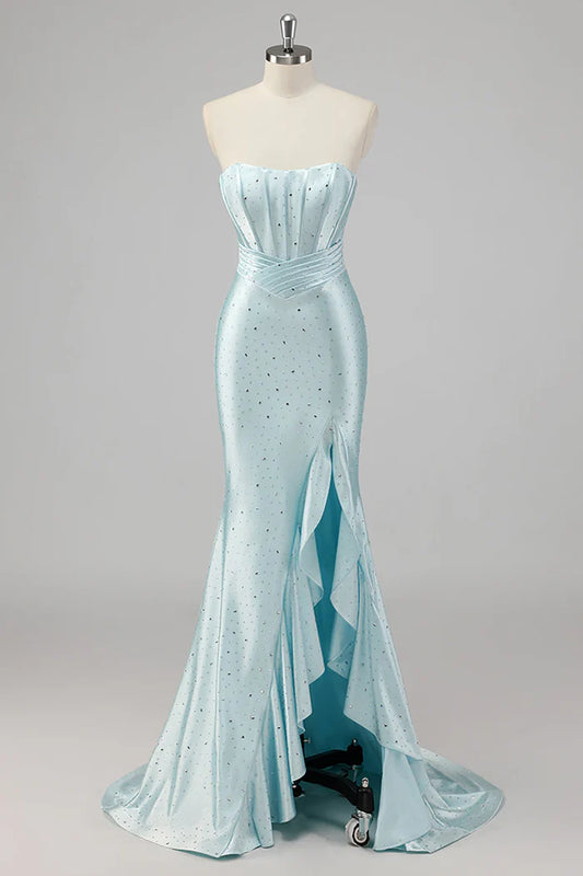 Off Shoulder Strapless Mermaid Beaded Blue Prom Dress with Slit