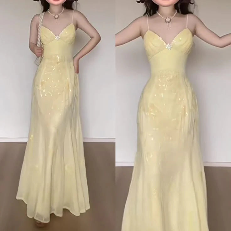 Spaghetti Straps Yellow Chiffon Long Prom Dresses Elegant Mermaid Evening Dress