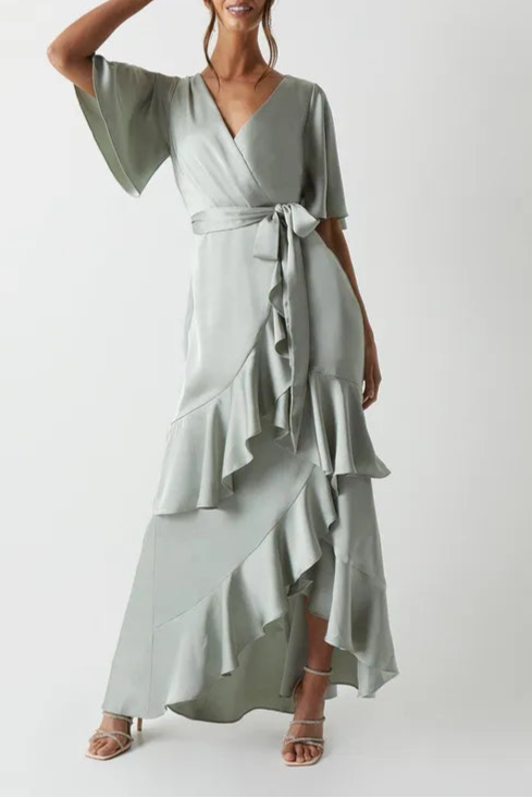 Wrap Front Waterfall Satin Retract Your Waist Fishtail Bridesmaids Maxi Dress