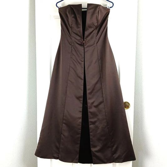 Vintage Y2K Strapless Maxi Prom Gown dark brown De Laru by Sheila Yen satin velvet EVC repaired new zipper formal party dress