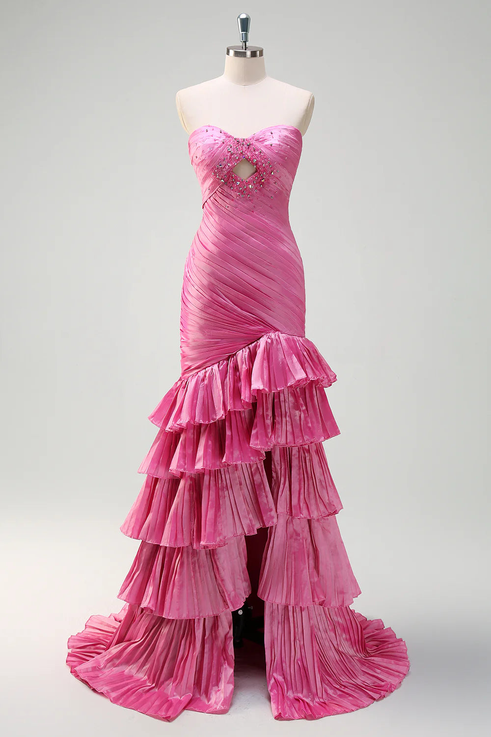 Fuchsia Sweetheart Tiered Pleated Mermaid Long Prom Dress With Slit