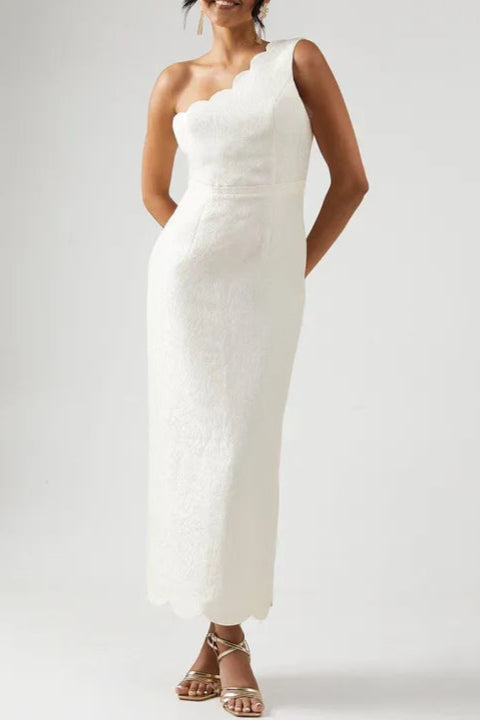 Unique design Scallop Edge One Shoulder Column Sleeveless Bridesmaid Dress