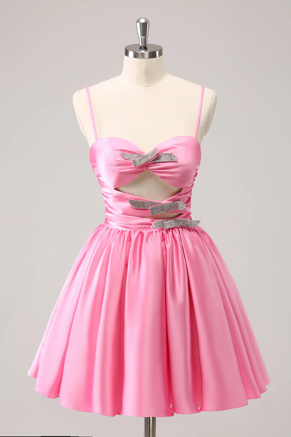 Unique design Pink A-Line Spaghetti Straps Pleated Homecoming Dress With Keyhole