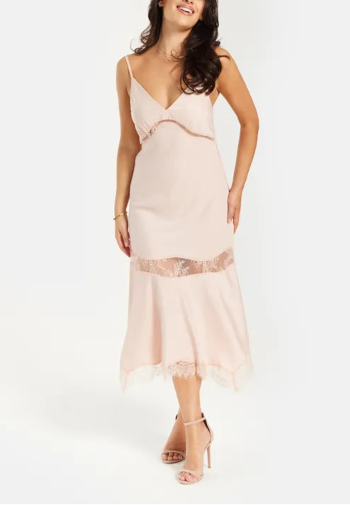 Liquorish Fine Lace Detail Strip Unique design Midi Bridesmaids Dress In Nude