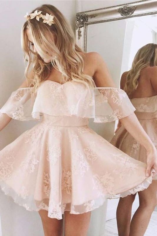 A-Line Lace Off-Shoulder Retract Your Waist Short Pearl Pink Homecoming Dress