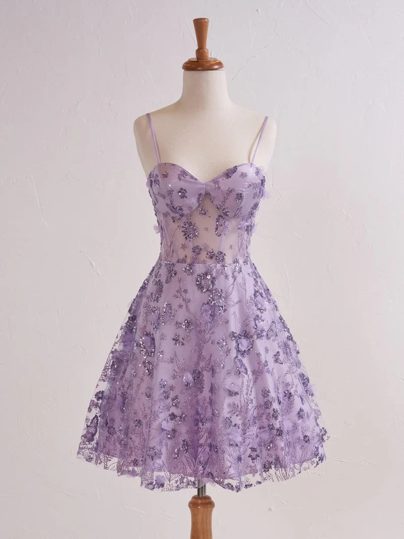 A-Line Tulle Applique Short Prom Dresses Gorgeous Lavender Spaghetti Straps Homecoming Dress with Sequins