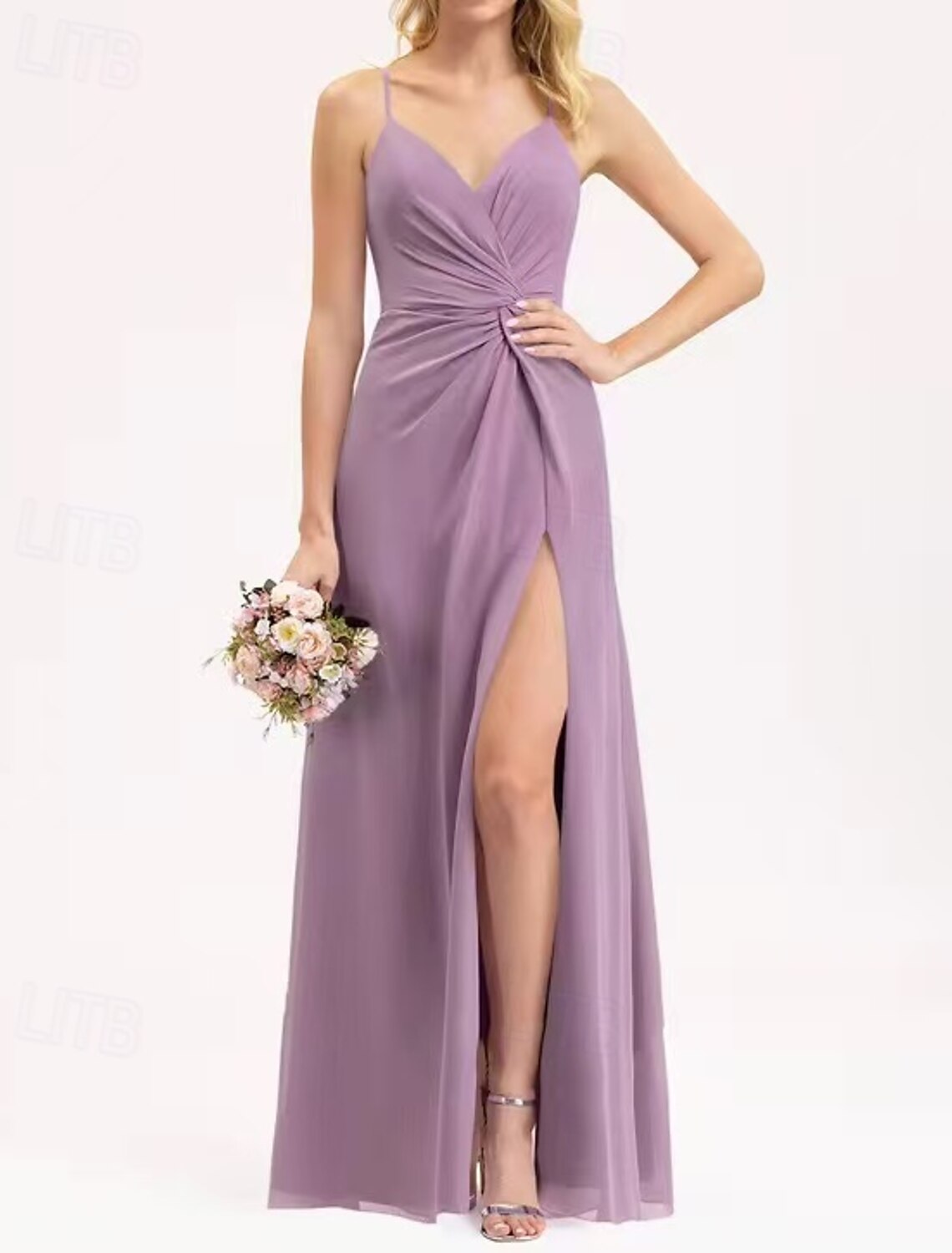A-Line Bridesmaid Dress V Neck / Spaghetti Strap Sleeveless Elegant Floor Length Chiffon / Spandex / Shantung with Draping / Ruching / Bandage