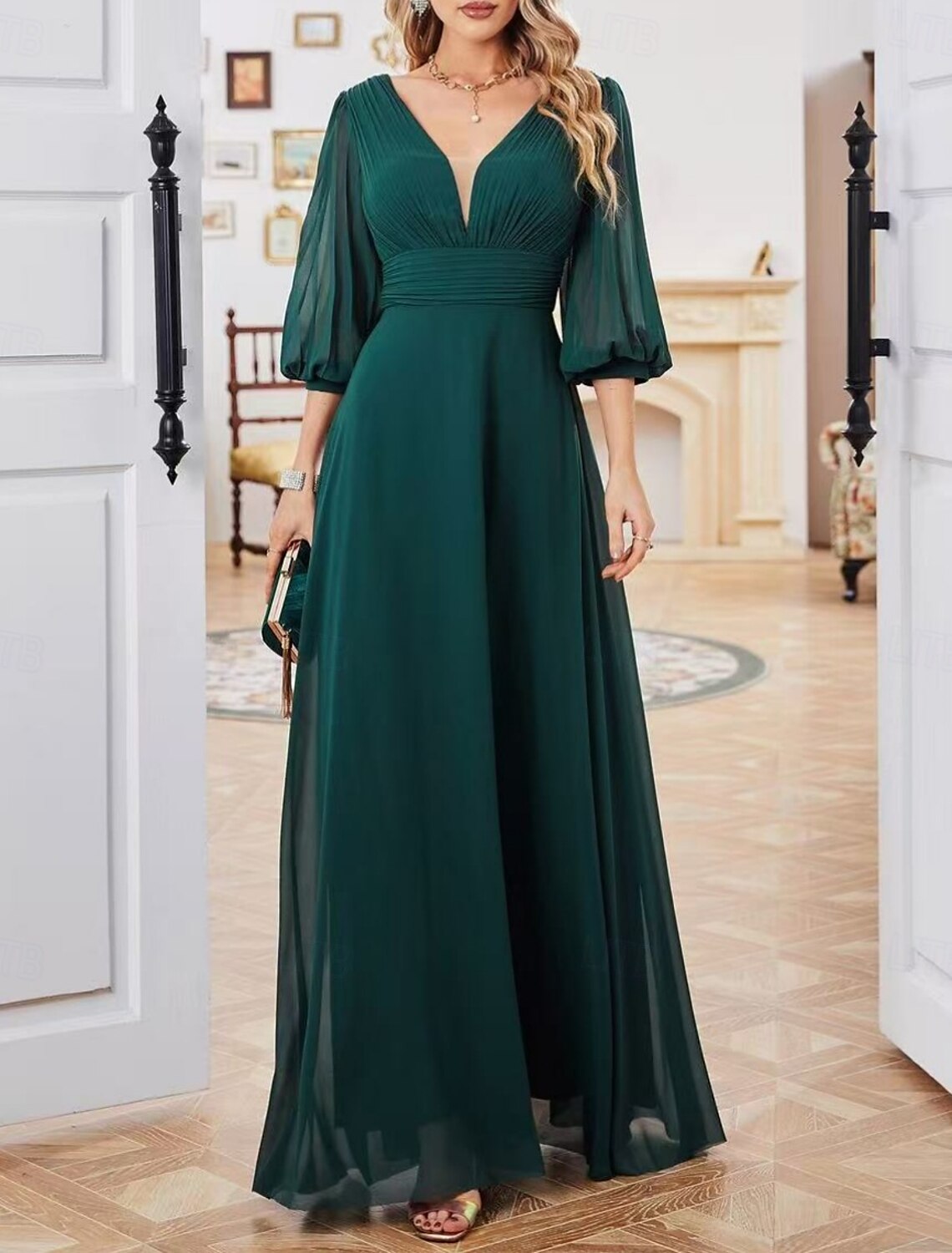 A-Line Bridesmaid Dress V Neck 3/4 Length Sleeve Elegant Floor Length Chiffon Solid Color