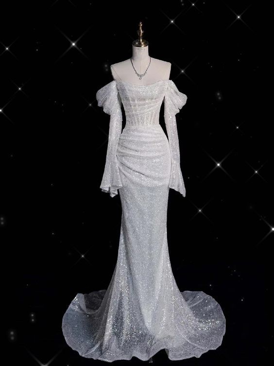 A-Line Off-the-Shoulde Classic fit Pleats Glitter Corset Sequins Wedding Dress