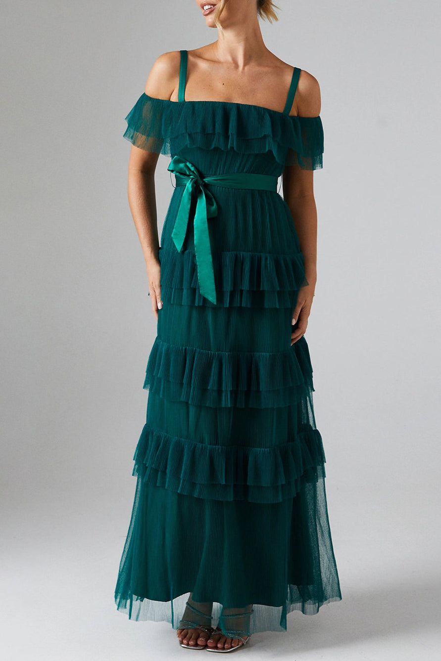 Pleated Mesh Unique design Tiered Skirt Bridesmaids Dress With Satin Belt