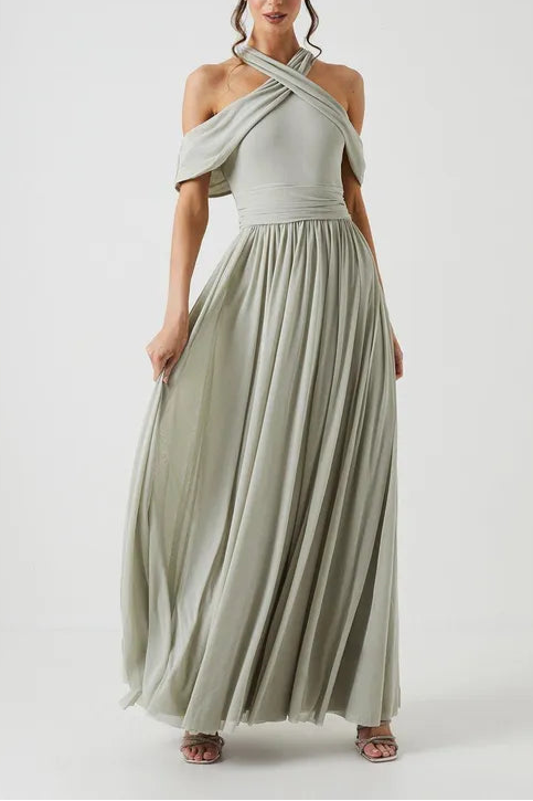 Elegant and gentle Cross Neck Cold Shoulder Stretch Mesh Bridesmaid Dress