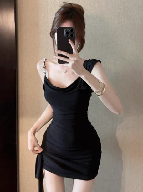 Asymmetric Neck Bodycon Short Prom Dresses Elegant Black Homecoming Dresses with Bow