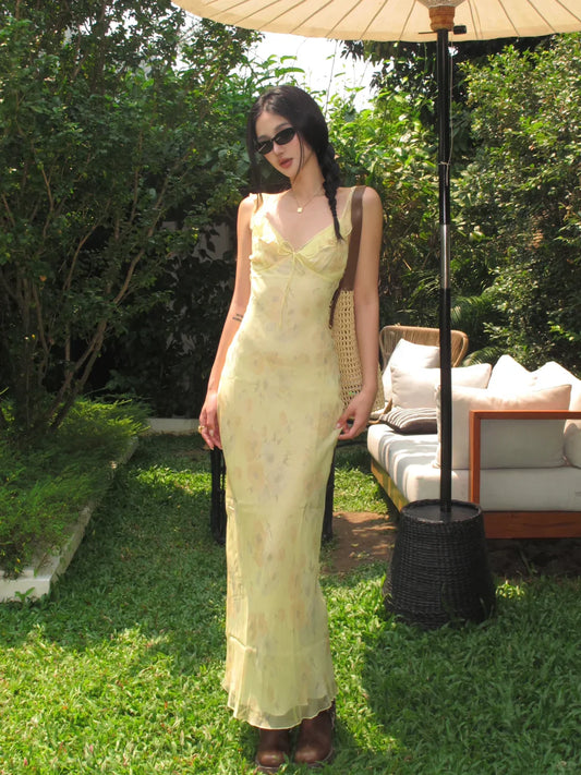 Cute Sheath Straps Print Floral Yellow Chiffon Long Party Dress