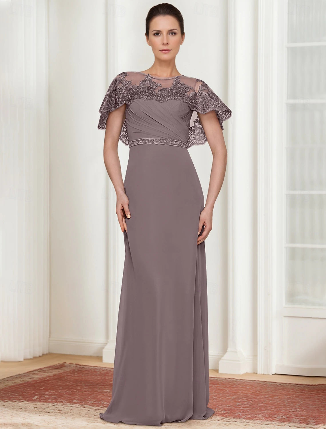 A-Line Dress Mother of the Bride Dress Elegant Simple Jewel Neck Floor Length Chiffon Short Sleeve with Lace Tier Solid Color