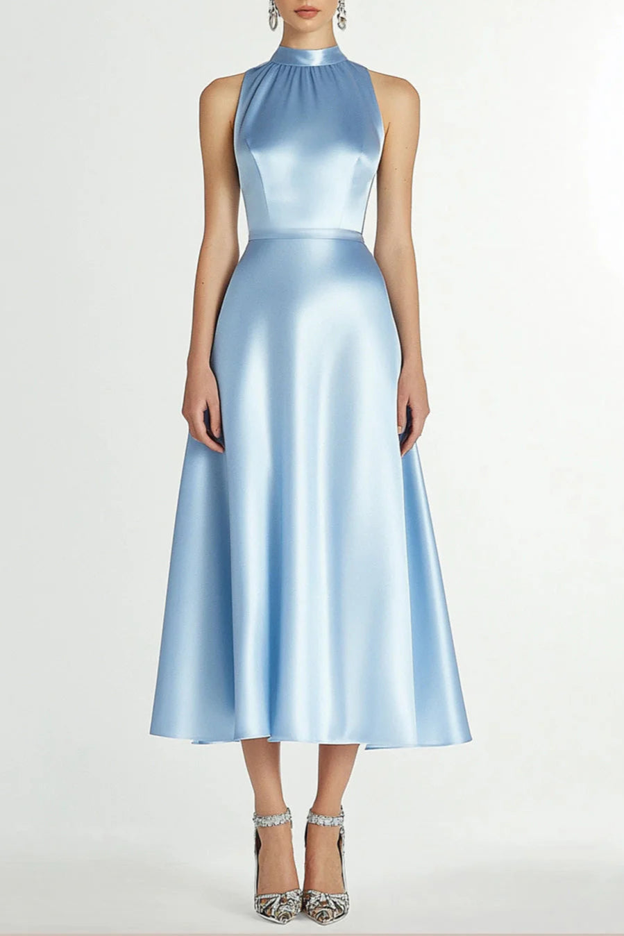 Simple and elegant Full of charm A Line Blue Halter Neck Satin Long Formal Dress