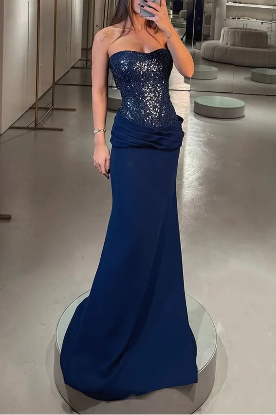 Elegant Sequin Prom Dress Strapless Pleats Mermaid Slim-fit Party Gown