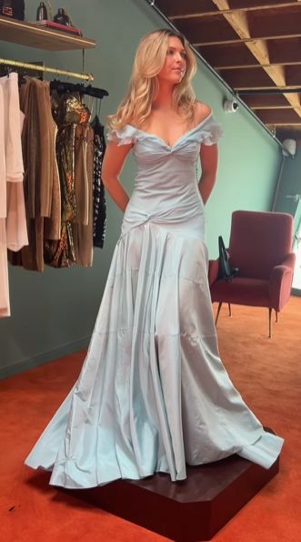 Retro Style A Line Off the Shoulder Blue Satin Long Party Dress