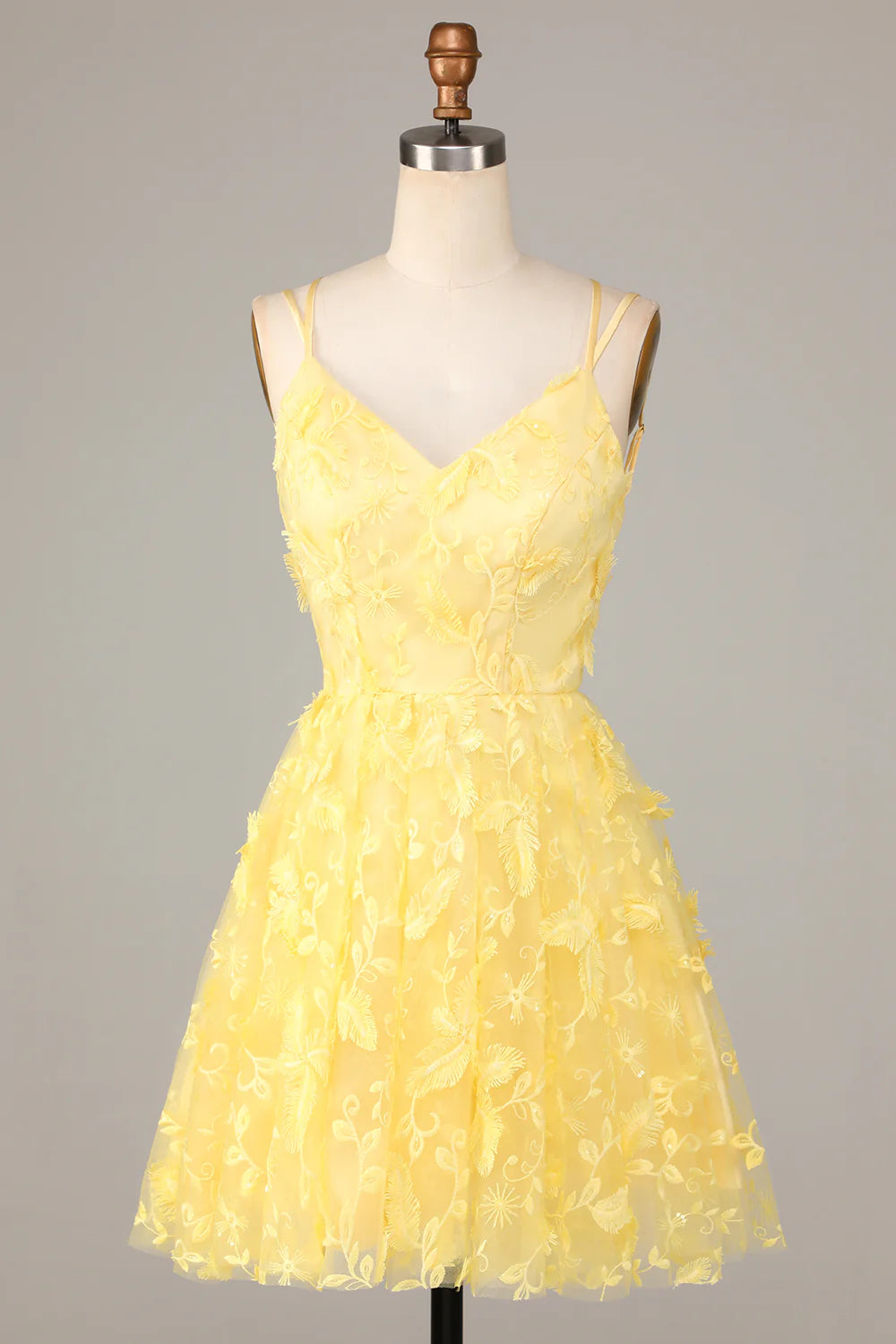 Yellow V Neck Tulle Backless Short Retract Your Waist Homecoming Dress With Appliques