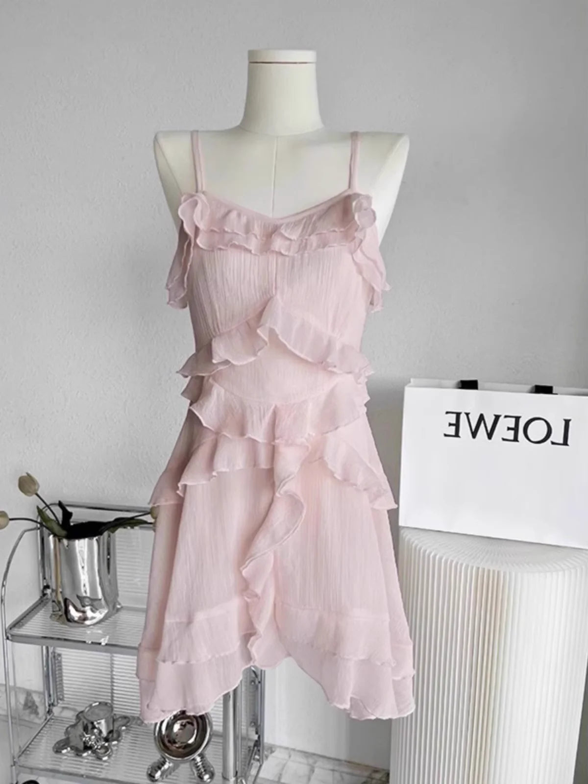 Sexy A Line Straps Ruffled Chiffon Pink Short Women's Homecoming Dresses