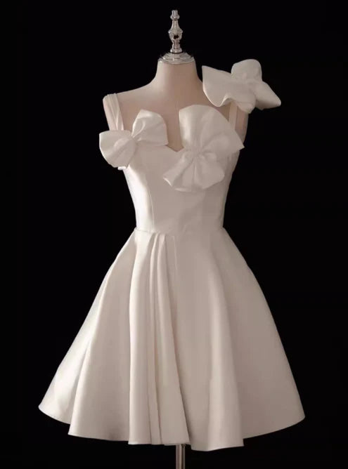 White A-line spaghetti strap satin short prom dress, Simple design homecoming dresses