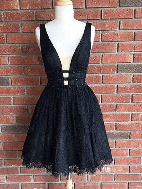 Bridelily A-Line V-Neck Lace Sleeveless Black Retract Your Waist Mini Dresses