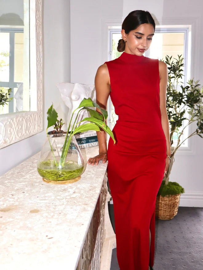 Elegant Sheath Round Neck Red Satin Open Back Prom Dress