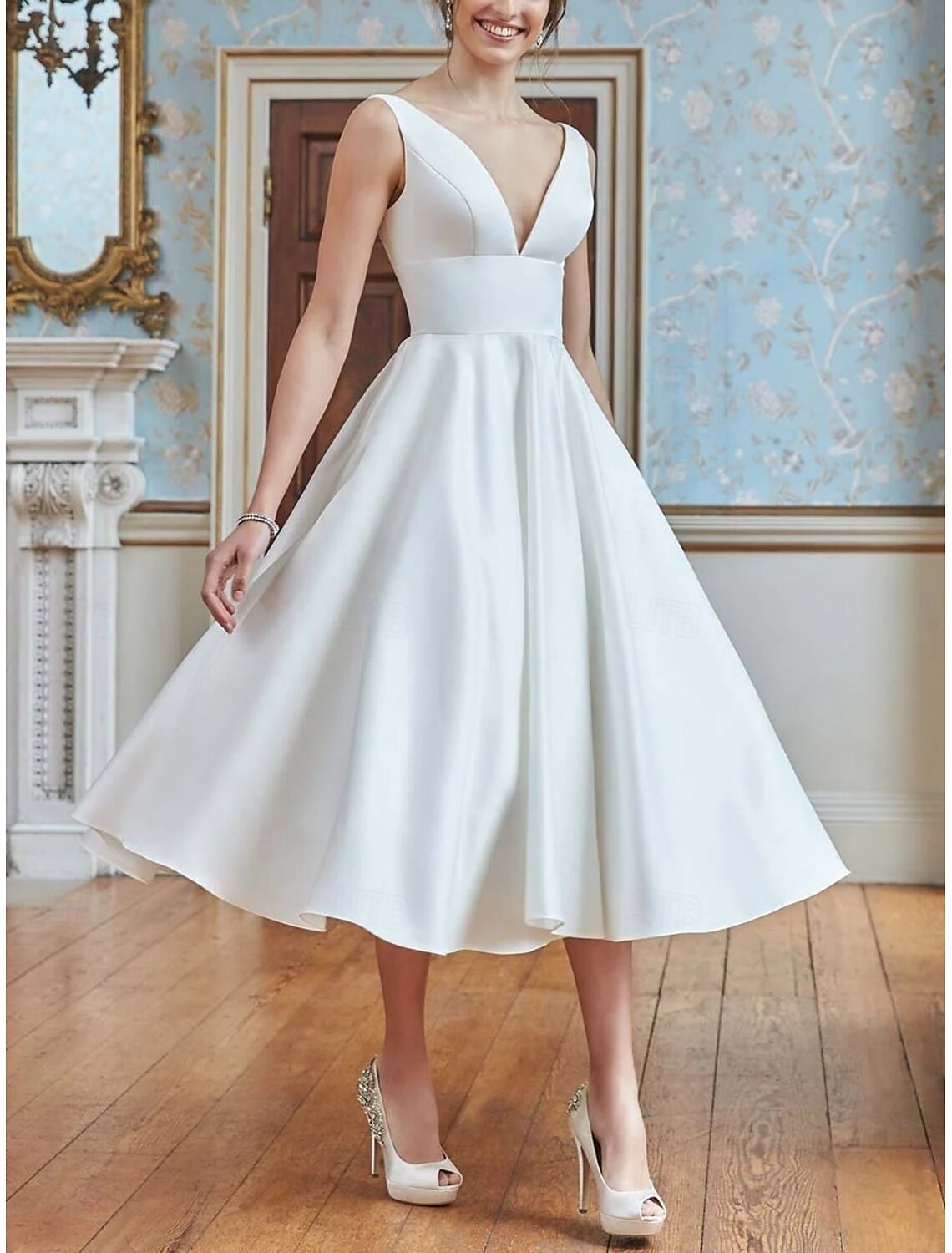 Engagement Little Graduation White Sleeveless Tea Length Dresses Wedding Dresses A-Line V Neck Satin Bridal Gowns With Pleats Solid Color