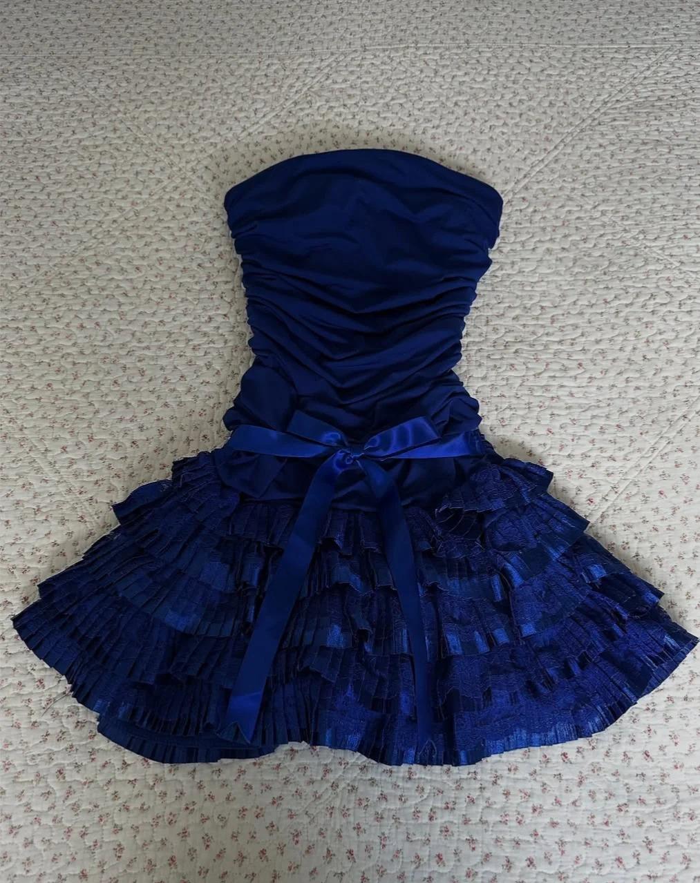 Strapless Chiffon Lace Short Prom Dresses Sweet Vintage Dark Sapphire Homecoming Dresses
