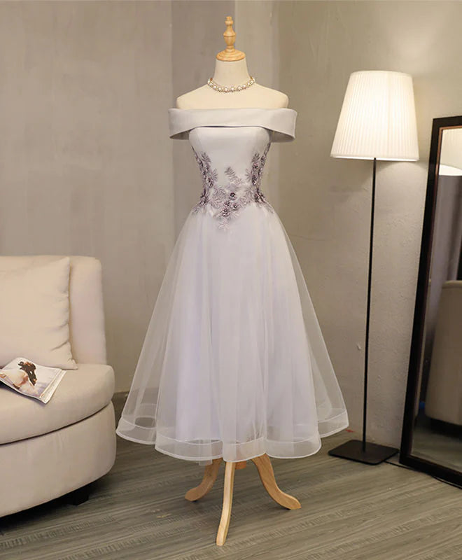 Gray A Line Off Shoulder Tea Length Prom Dress Unique design Lace Homecoming Dress