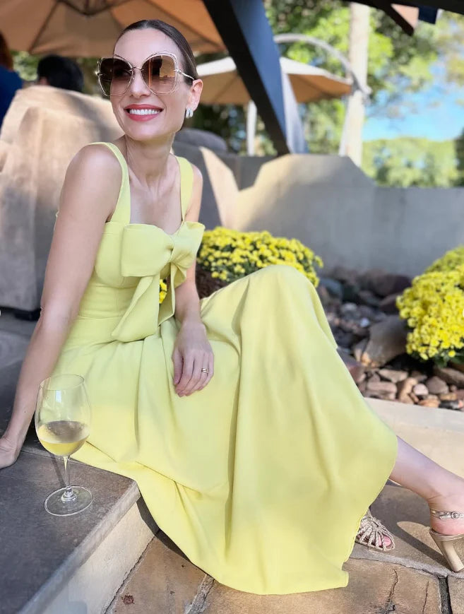 Yellow A Line Straps Satin Prom Dress Sleeveless Evening Dress with Bow