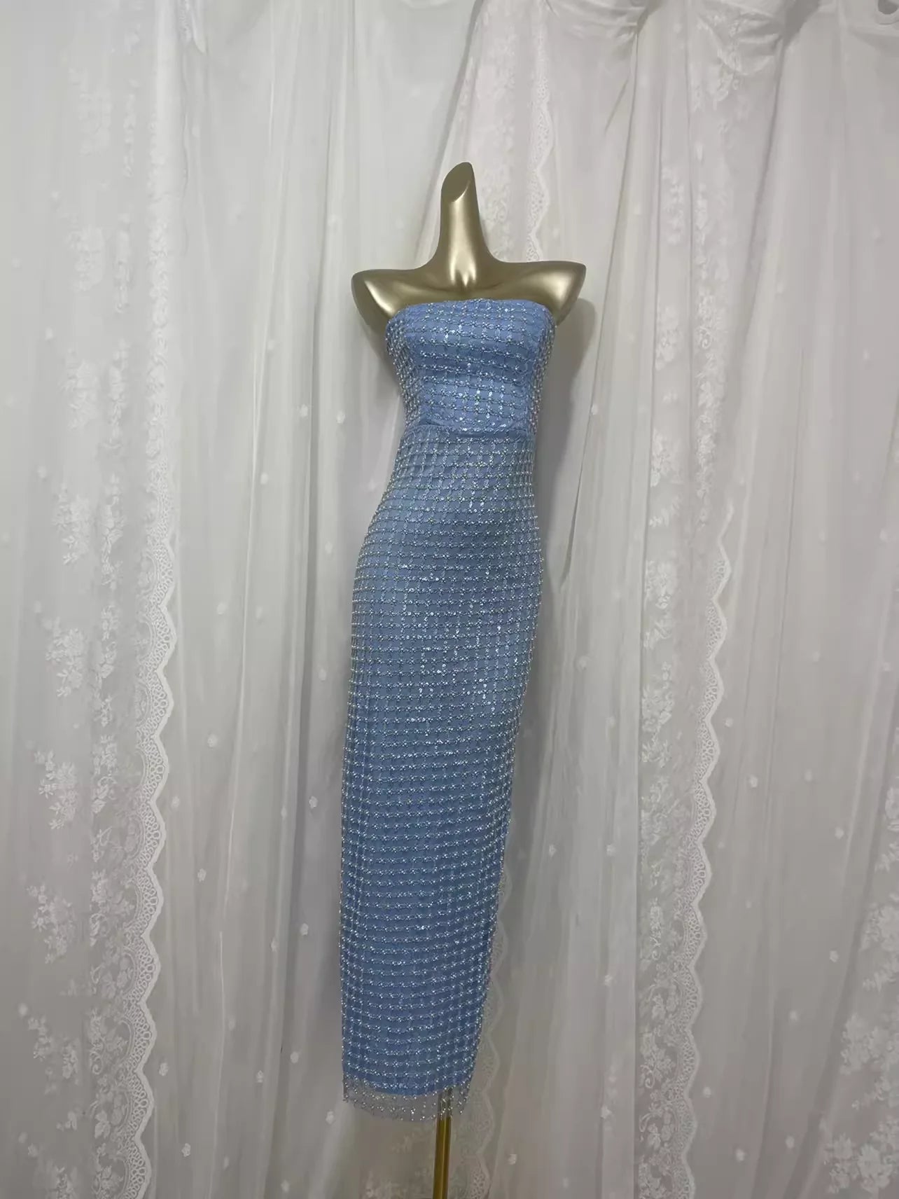 Simple Sheath Sequin Slit Prom Dress Long Straplesss Blue Birthday Outfits
