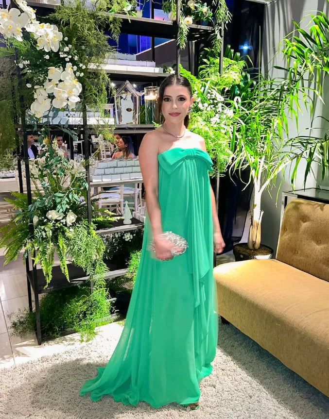 Cute A Line Strapless Bow Green Chiffon Long Prom Dress Graduation Party Dress
