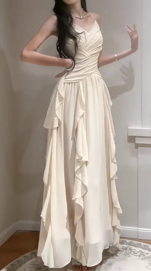 Spaghetti Straps A-Line Chiffon Long Prom Dresses Elegant Apricot Birthday Evening Gowns