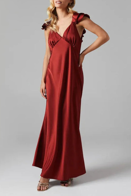 Petite Ruffle Neckline Satin Maxi Full of charm Bridesmaid Dress
