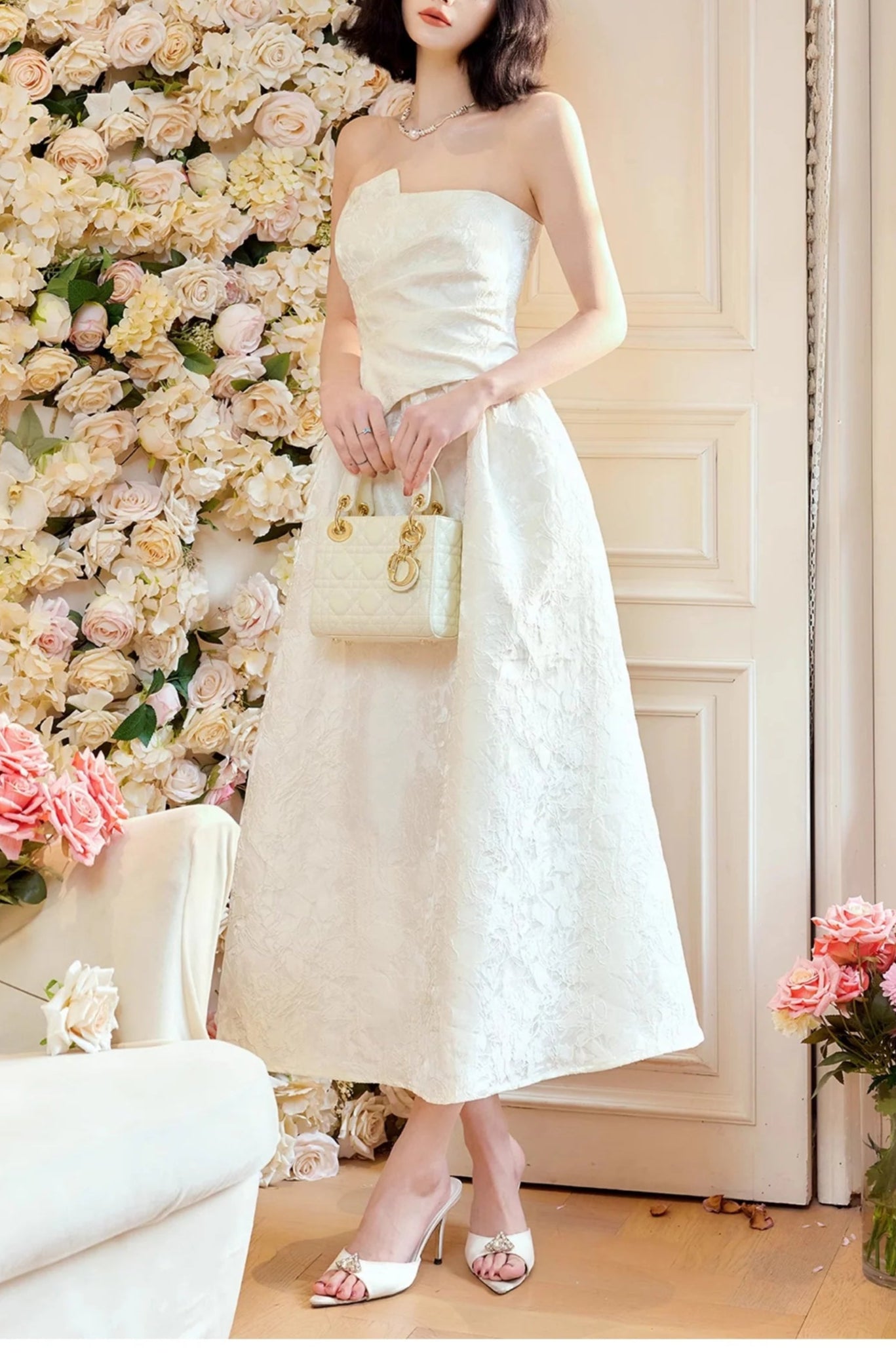 Strapless A-Line Jacquard Satin Evening Gowns Elegant Birthday Pretty Moonlight White Prom Dresses