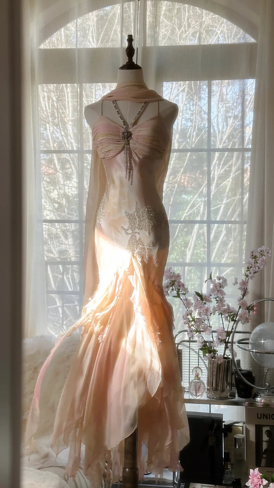 Fairy Mermaid Spaghetti Strap Beaded Ruffle Chiffon Long Prom Dress