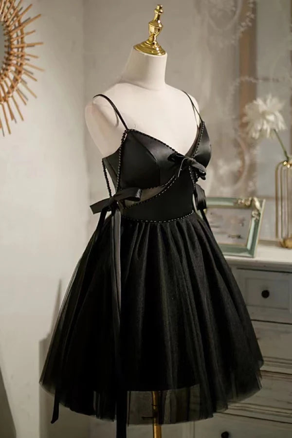 Cute Black Satin V Neck Short Spaghetti Straps Homecoming Dresses With Bowknot