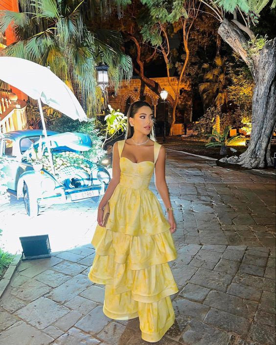 Yellow Dress Fashion Elegant Prom Dresses Vintage Princess Female Evening Party Dress