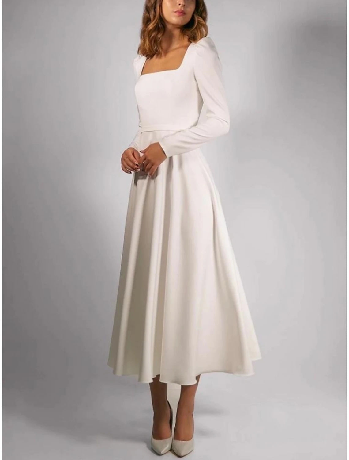 Beach Wedding Simple Wedding Dresses  A-Line Square Neck Casual Wedding DressesLong Sleeve Tea Length Stretch Fabric Bridal Gowns With Pleats