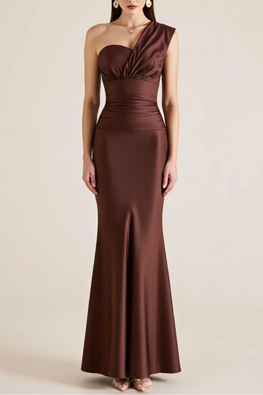 Full of charm Dark Brown One Shoulder Satin Long Mermaid Evening Dress