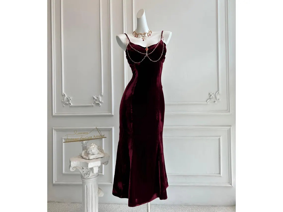 Women's wine red backless silk velvet slip top-quality fabric prom dress