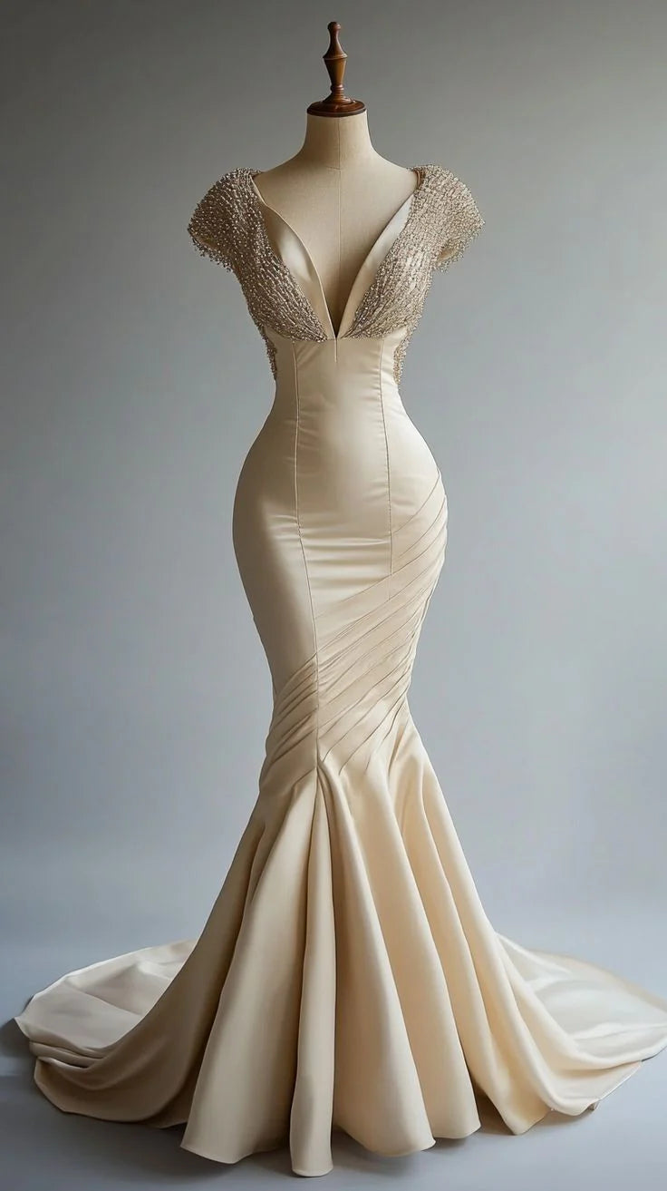 Satin Beaded V-Neck Long Ball Dress Champagne Mermaid Elegant Evening Dress