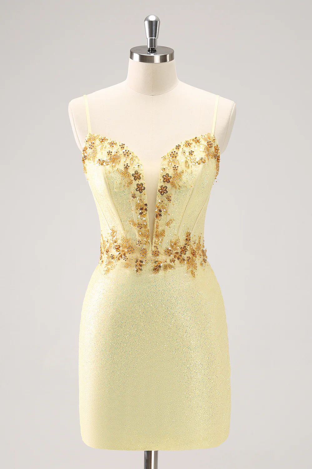 Sparkly Yellow Spaghetti Straps Corset Slim-fit Tight Short Homecoming Dress