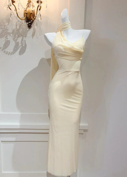 Yellow Asymmetric Neck Chiffon Bodycon Party Dress Short Elegant Butter Prom Dresses